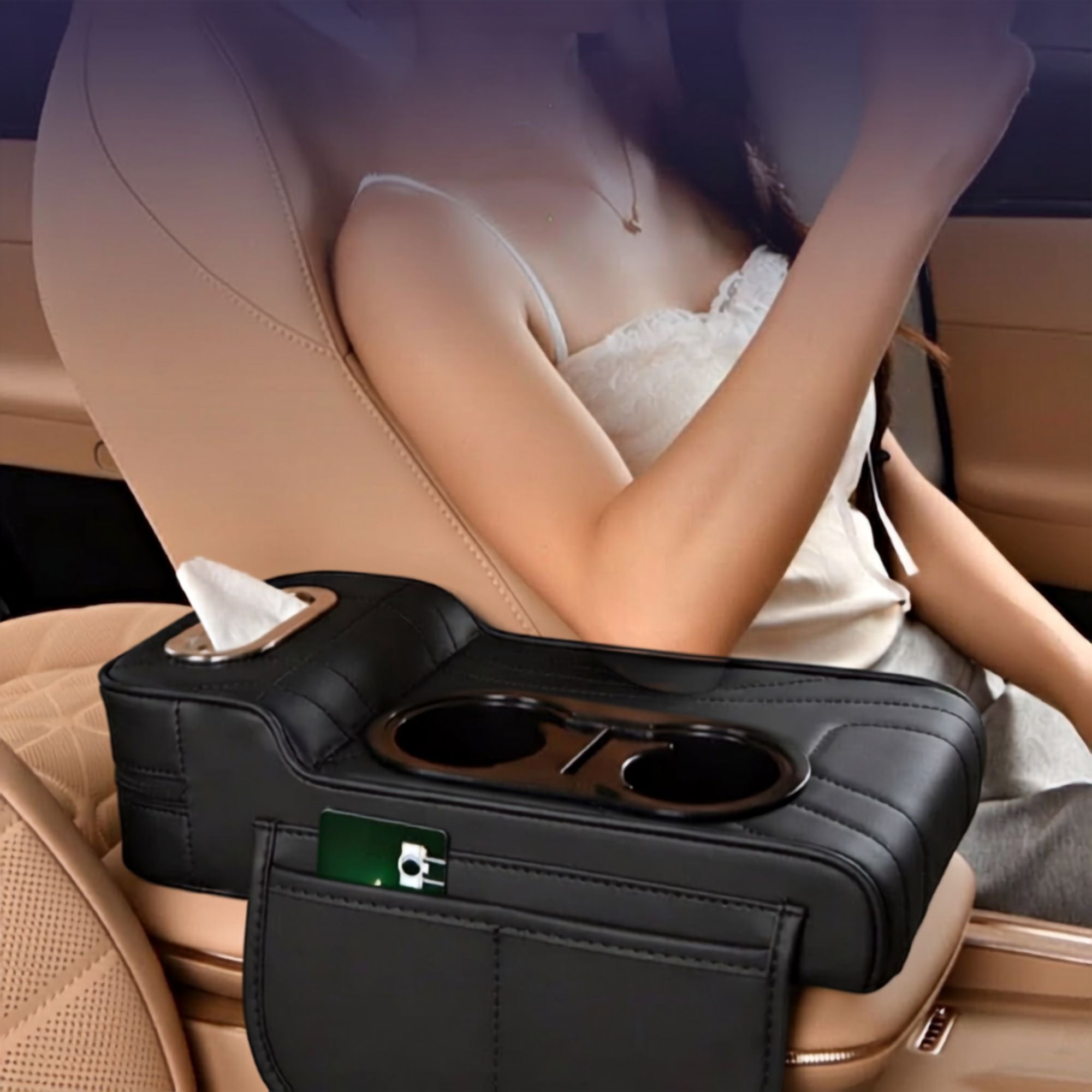 Multi-Function Car Armrest Organiser installed in a car centre console with tissue dispenser in use
