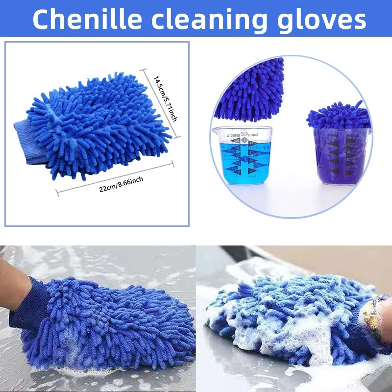 Blue chenille microfiber car wash mitt demonstrating water absorption and soapy lather on a vehicle's exterior surface.