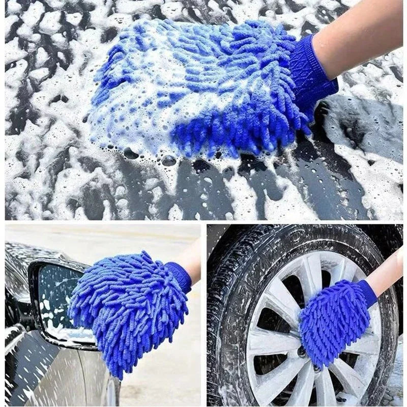Blue chenille microfiber car wash mitt being used to clean a vehicle's exterior door panel and alloy wheel with soap suds.