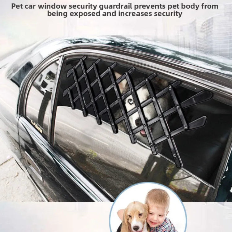 A black expandable lattice pet barrier installed in a vehicle rear window, providing continuous ventilation and structural security during travel.