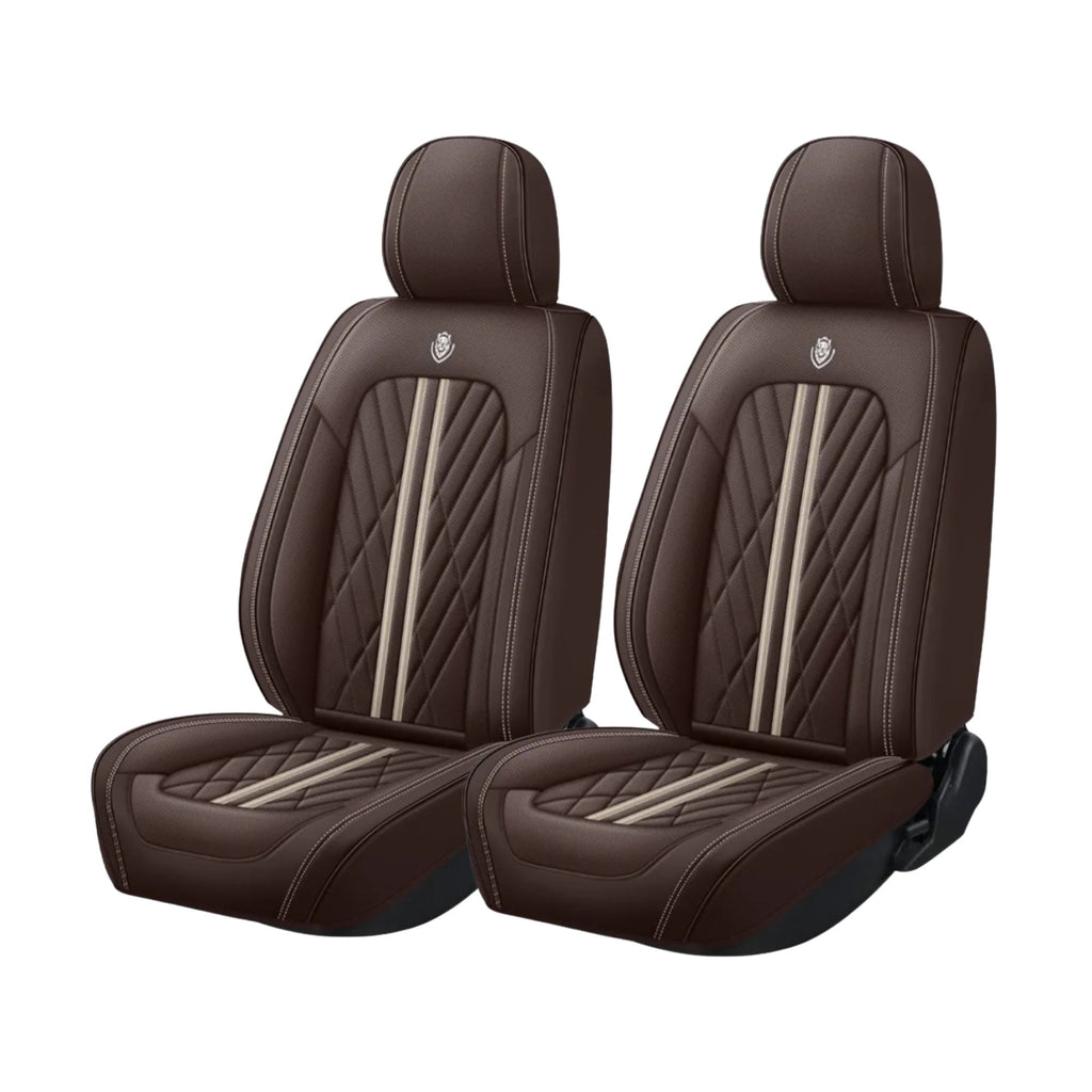 Coffee brown Nappa-feel leather Universal Leather Seat Cover shown as front pair on white background with cream contrast piping