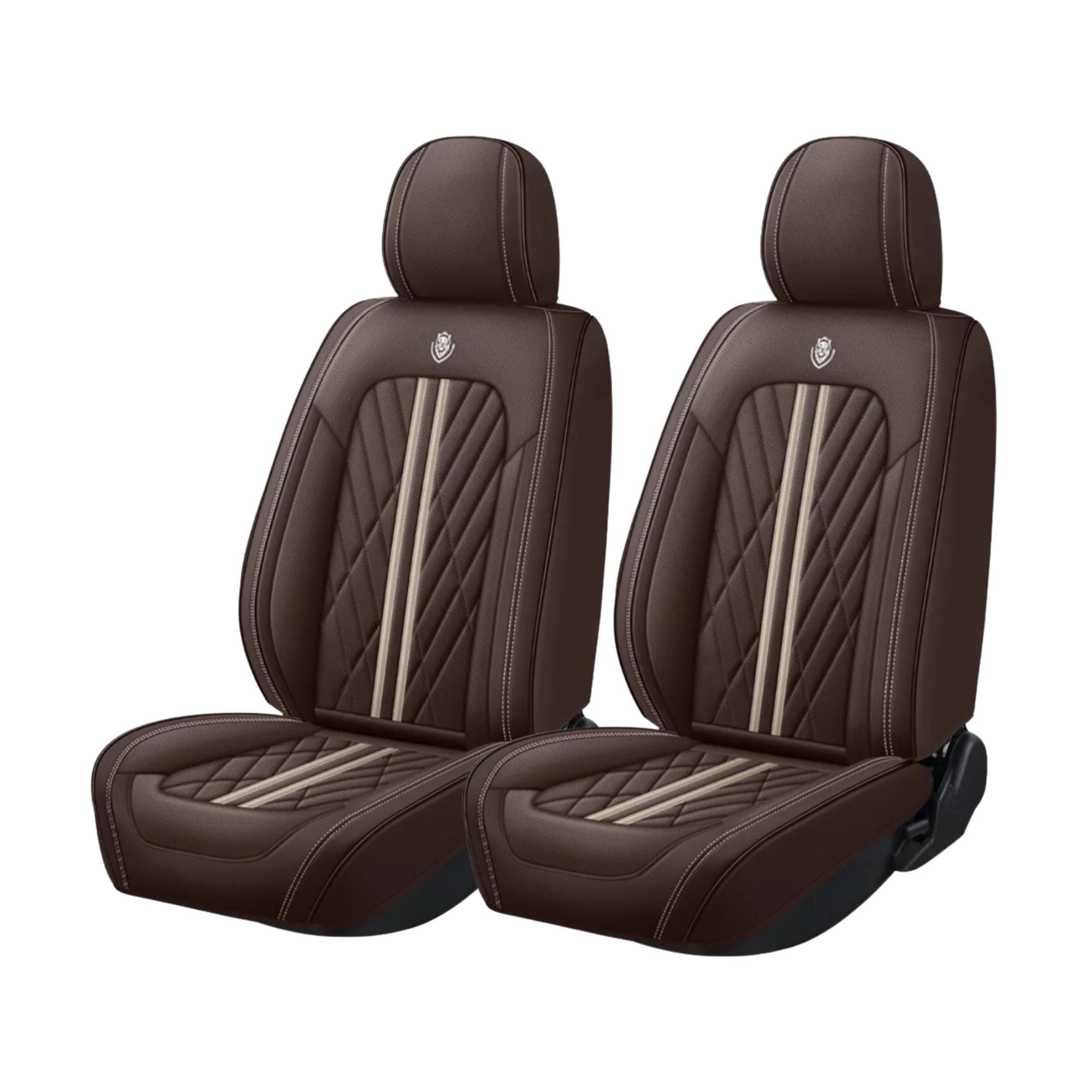 Coffee brown Nappa-feel leather Universal Leather Seat Cover shown as front pair on white background with cream contrast piping