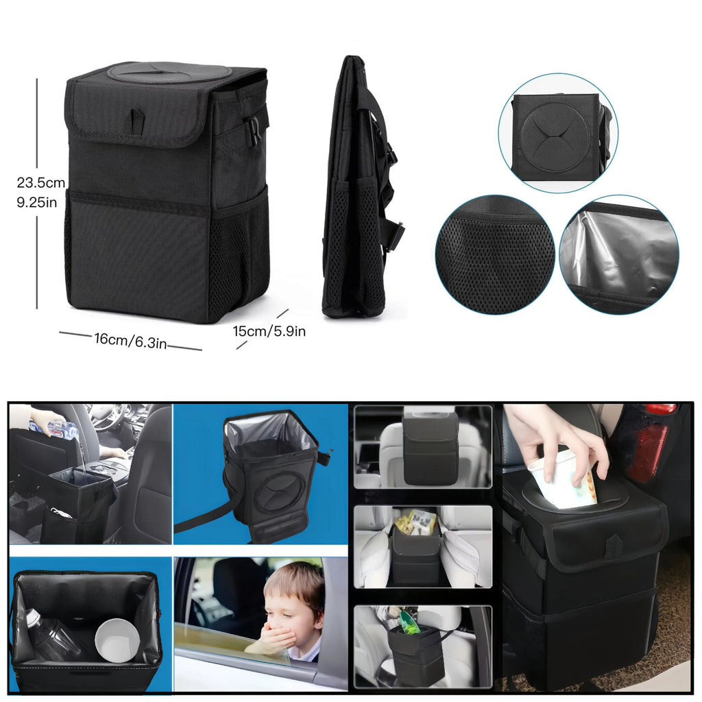 Dimensions guide for the collapsible car rubbish bin showing the flat-fold design, material details, and usage examples.