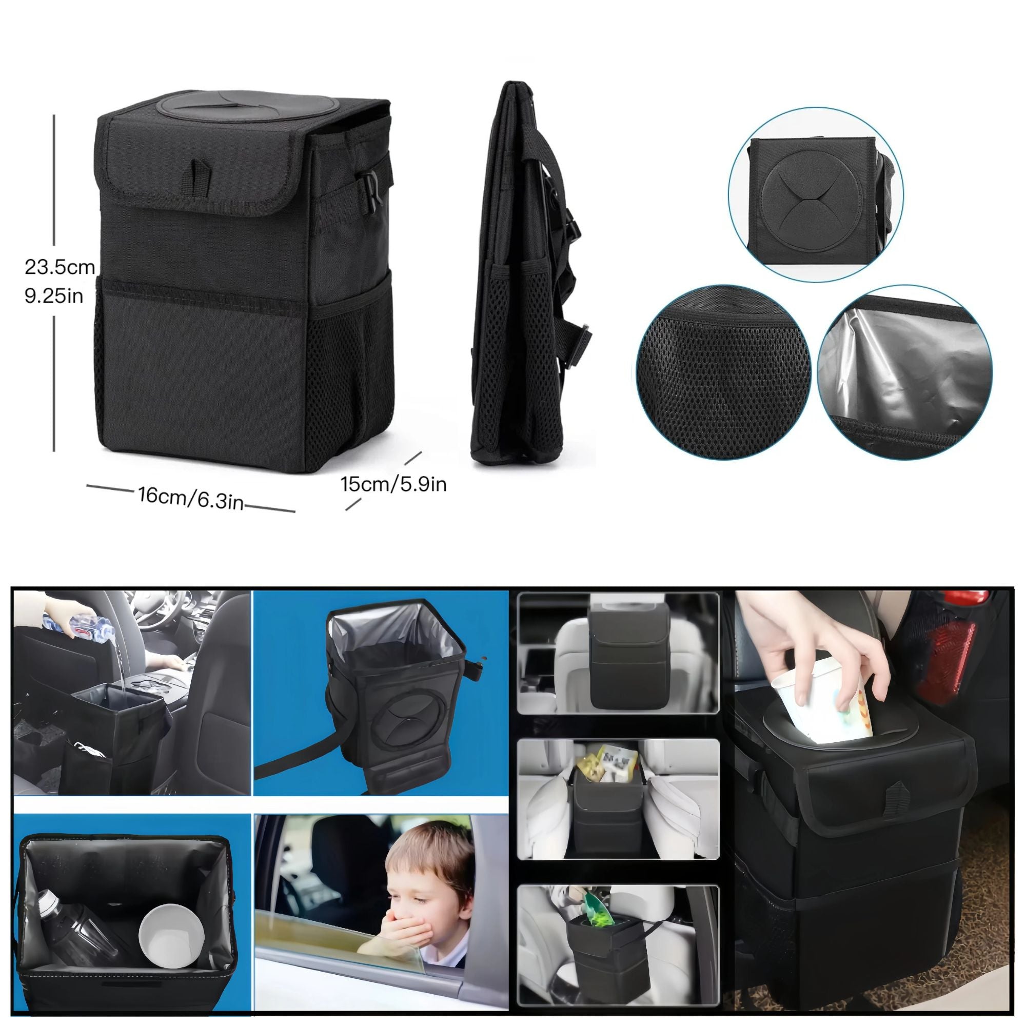 Dimensions guide for the collapsible car rubbish bin showing the flat-fold design, material details, and usage examples.