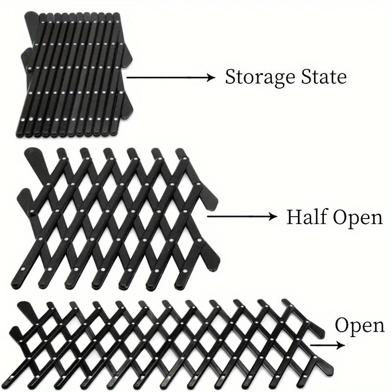 A diagram demonstrating the three operational states of the retractable car window barrier: fully folded for compact storage, half-open, and fully expanded.