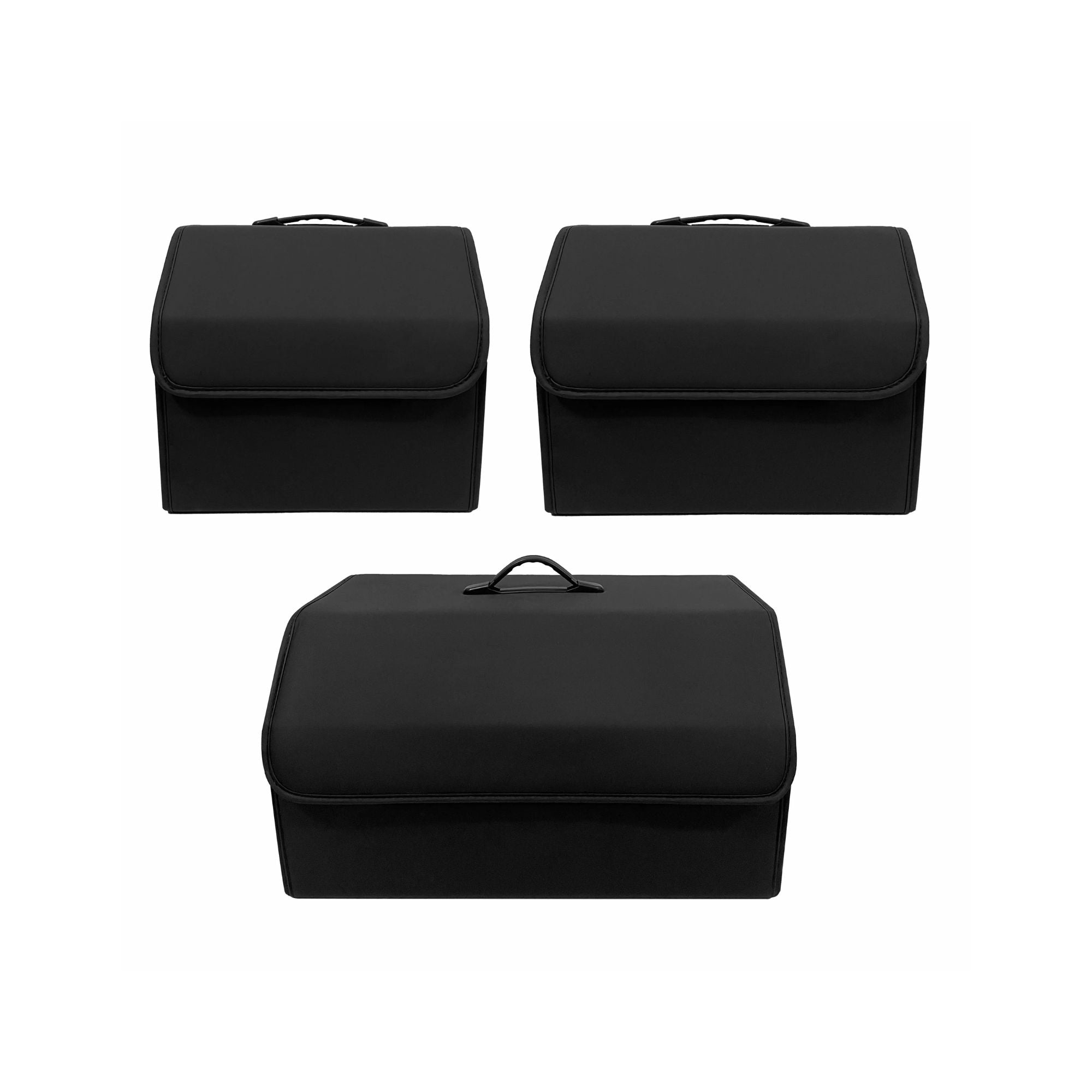 Three sizes of premium black collapsible PU leather car boot organisers displayed on a solid white background.