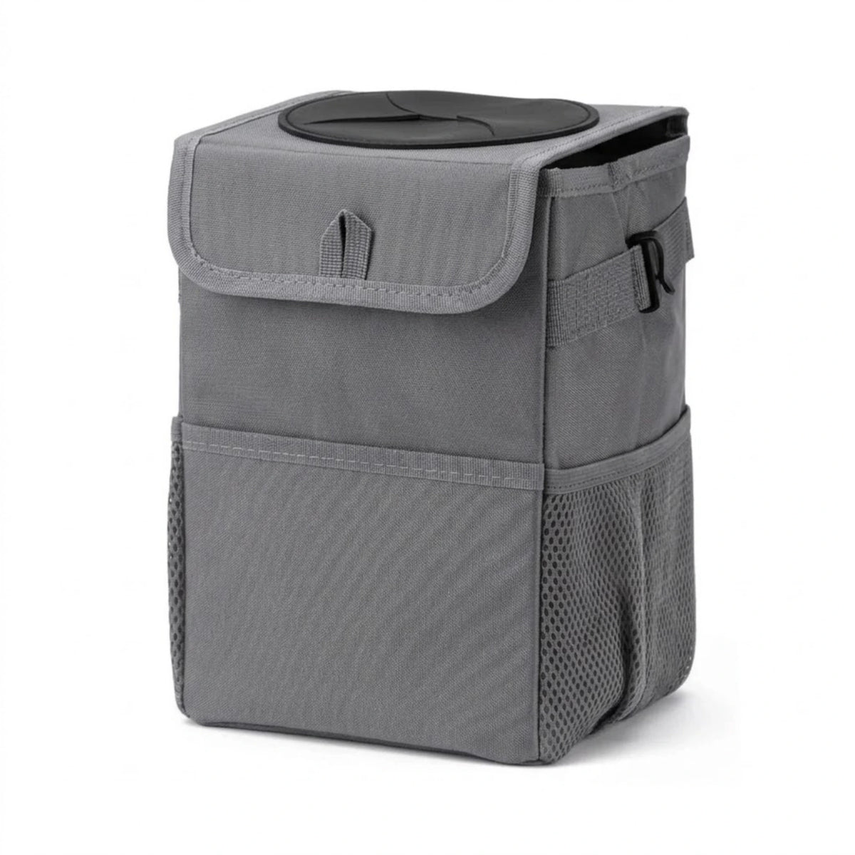 Collapsible Car Rubbish Bin in grey shown closed with side mesh storage pockets