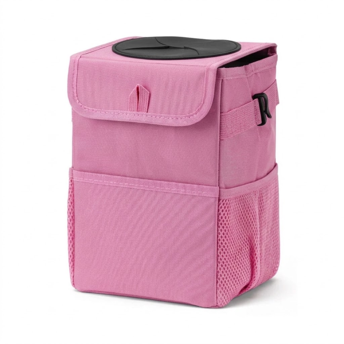 Collapsible Car Rubbish Bin in pink shown closed with side mesh storage pockets