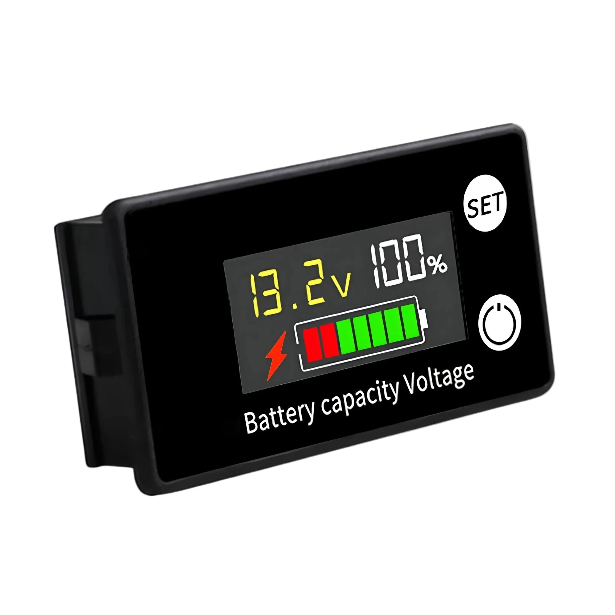Digital Battery Capacity Meter LCD voltage tester angled view showing battery percentage and voltage readout