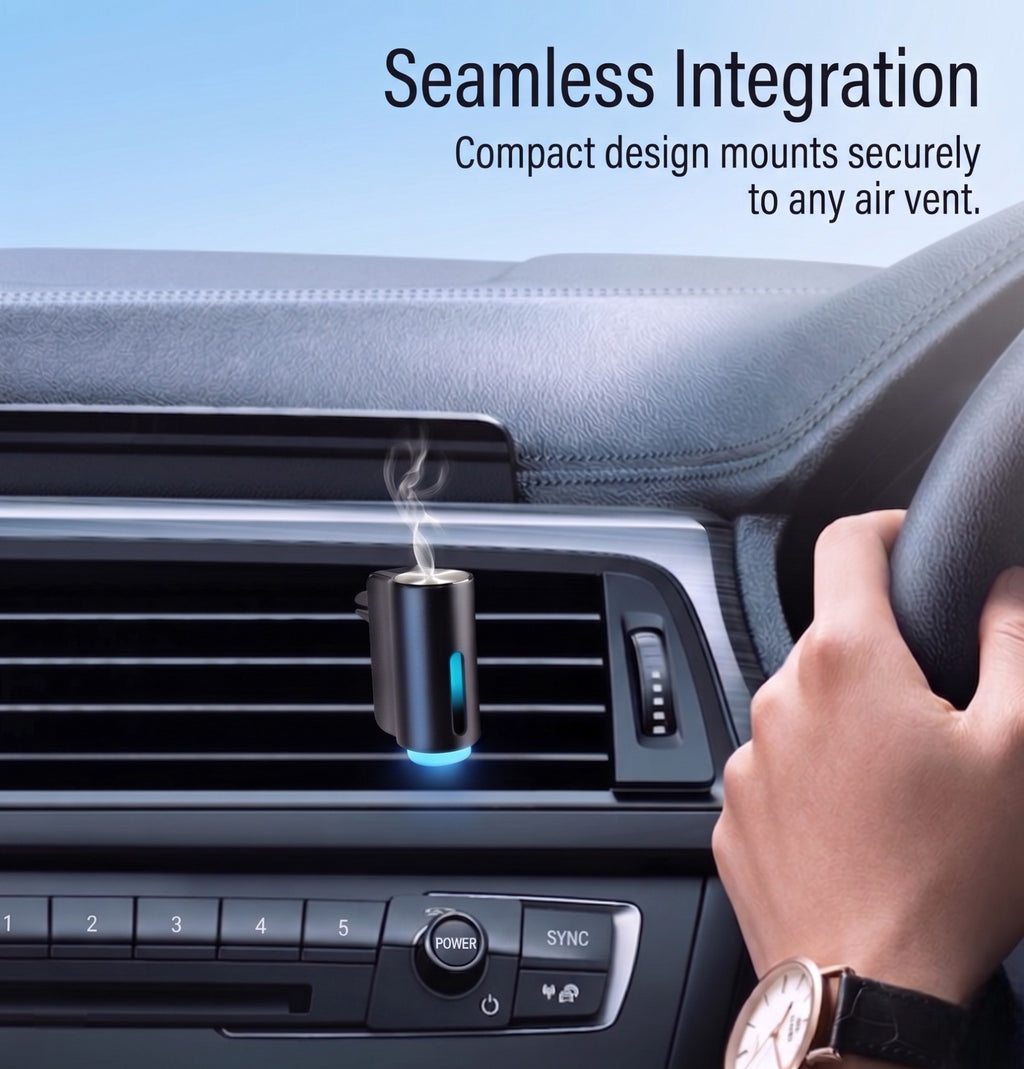 Driver's perspective showing a compact, unobtrusive car air freshener seamlessly mounted to the dashboard air vent while driving.