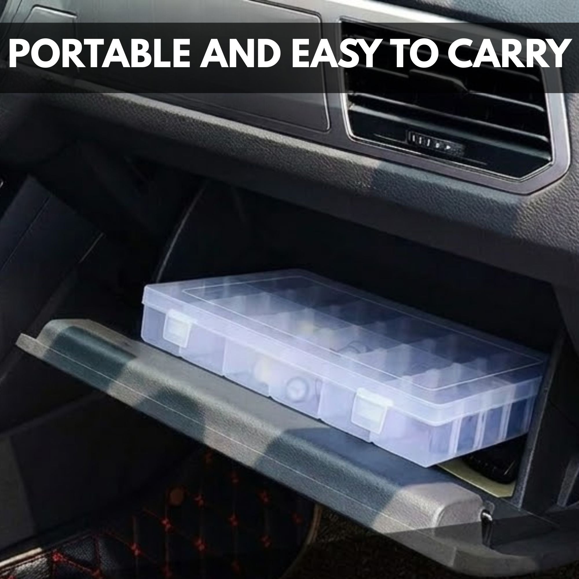 Clear plastic storage box containing assorted automotive fastener clips stored conveniently inside a vehicle's passenger glovebox.