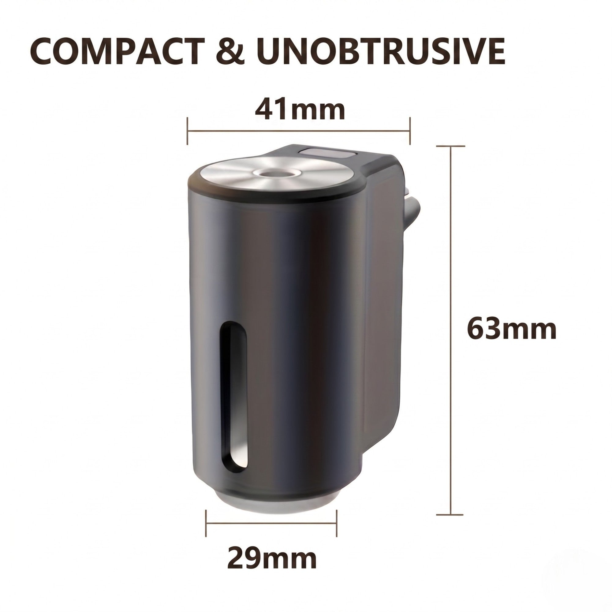 Size guide for the compact car diffuser showing unobtrusive dimensions of 63 millimetres high and 41 millimetres wide.