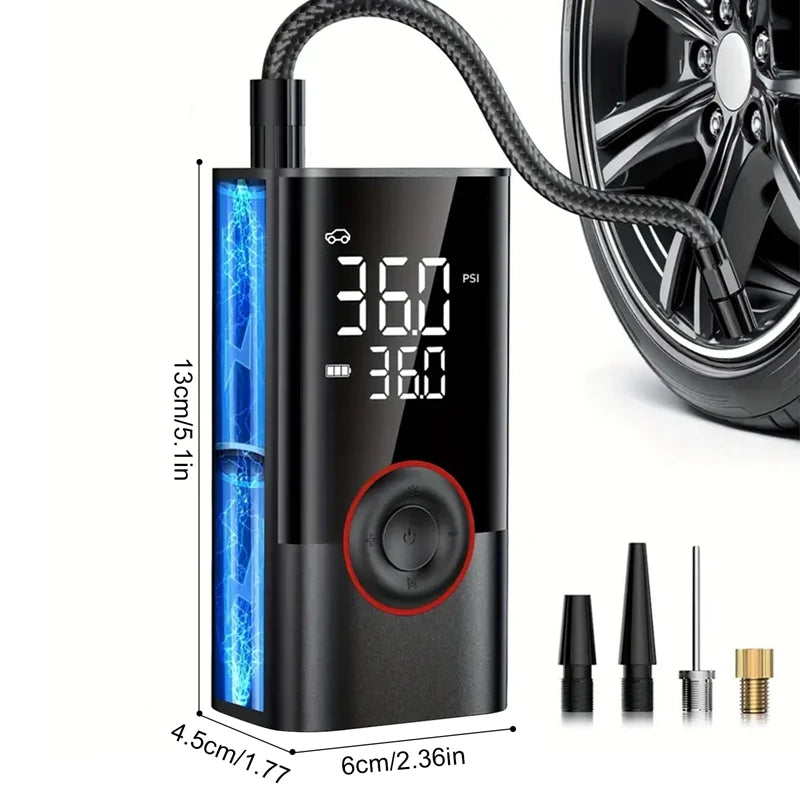 Technical diagram illustrating the exact dimensions of the compact car tyre inflator, measuring 13.0 centimetres high and 6.0 centimetres wide.