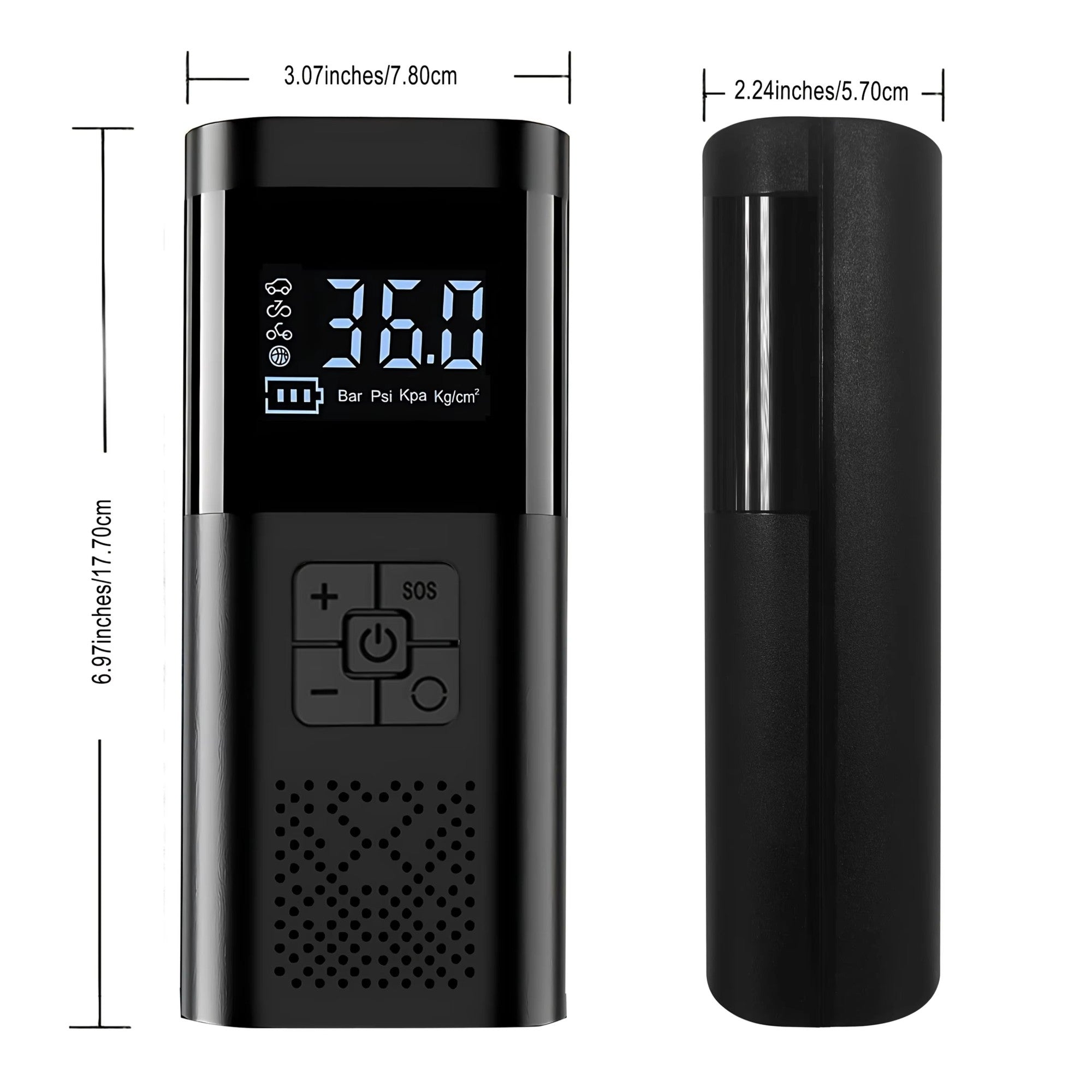 Exact dimension specifications for the compact cordless tyre inflator, showing a total height of 6.97 inches and a width of 3.07 inches.