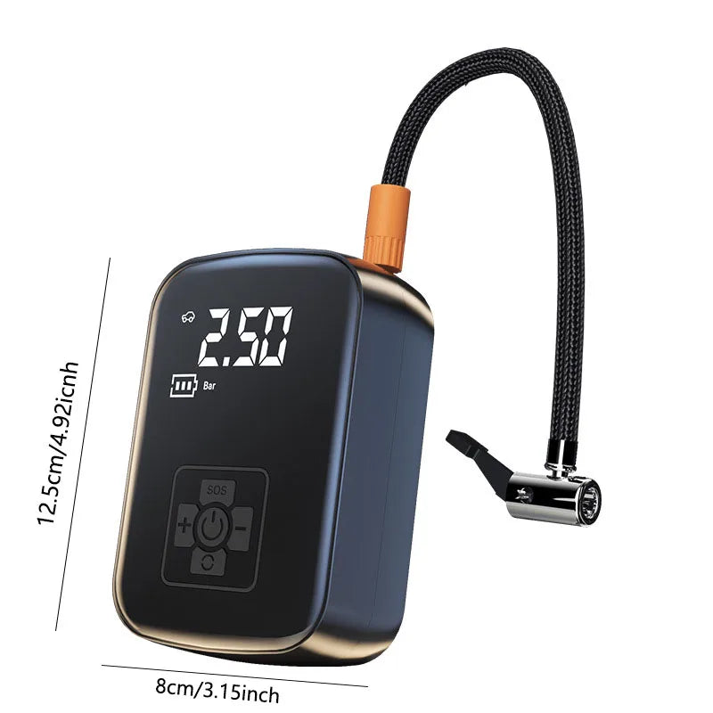 Dimension specifications showing the portable tyre inflator measures exactly 12.5 centimetres in height and 8 centimetres in width.