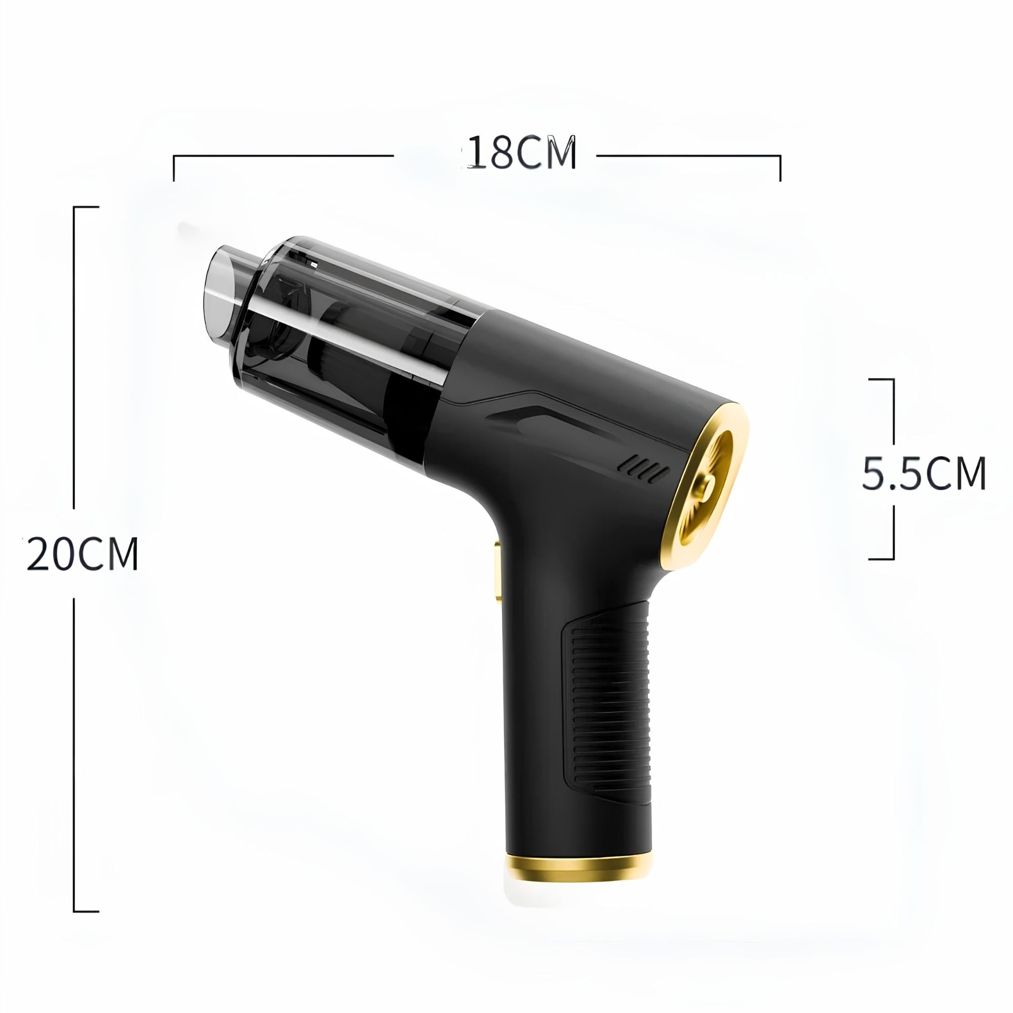 Technical diagram illustrating the exact dimensions of the cordless car vacuum, measuring 20 centimetres in length, 18 centimetres in width, and 5.5 centimetres at the handle base.