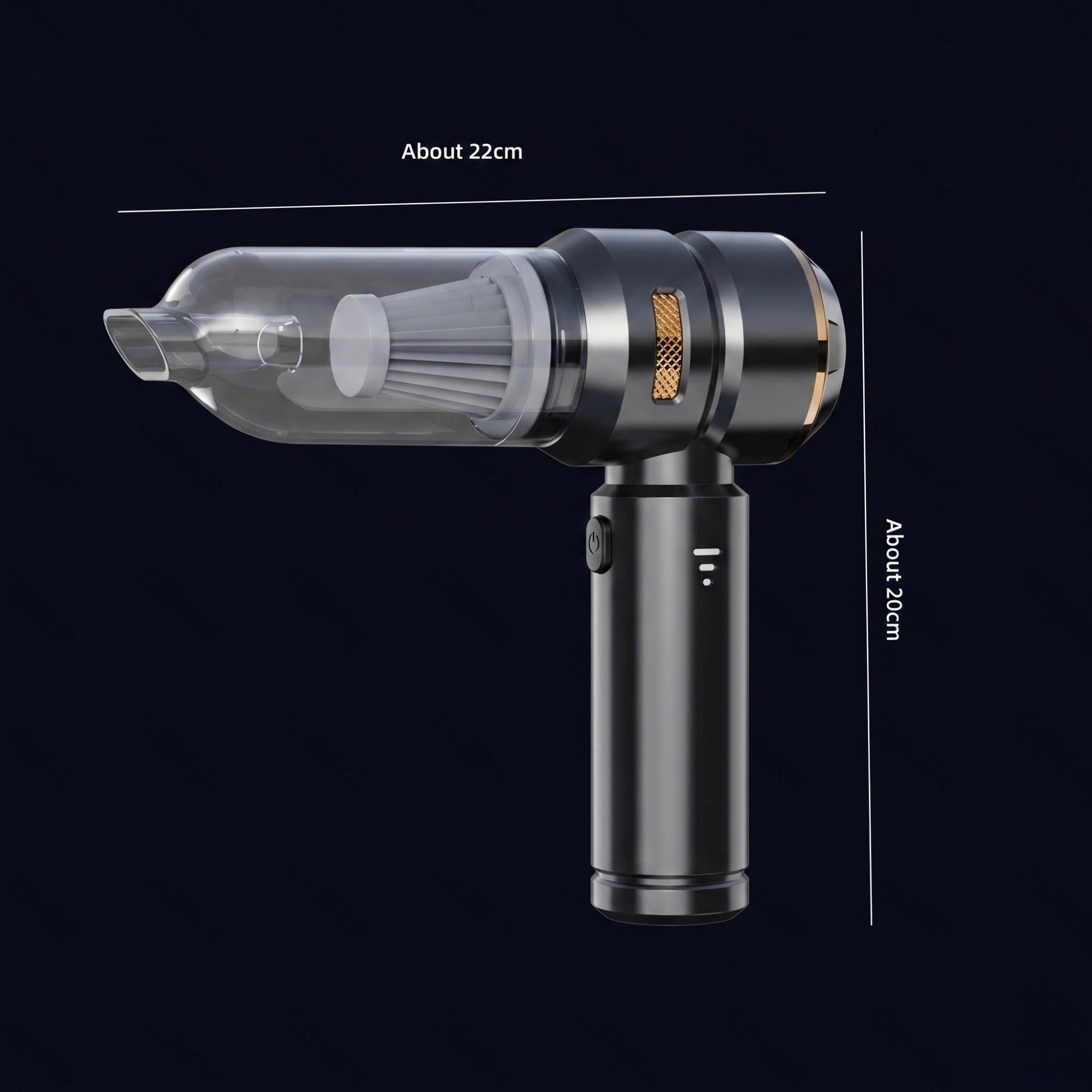 Exact dimension specifications for the cordless car vacuum cleaner, highlighting its compact total length of about 22 centimetres and handle height of 20 centimetres.