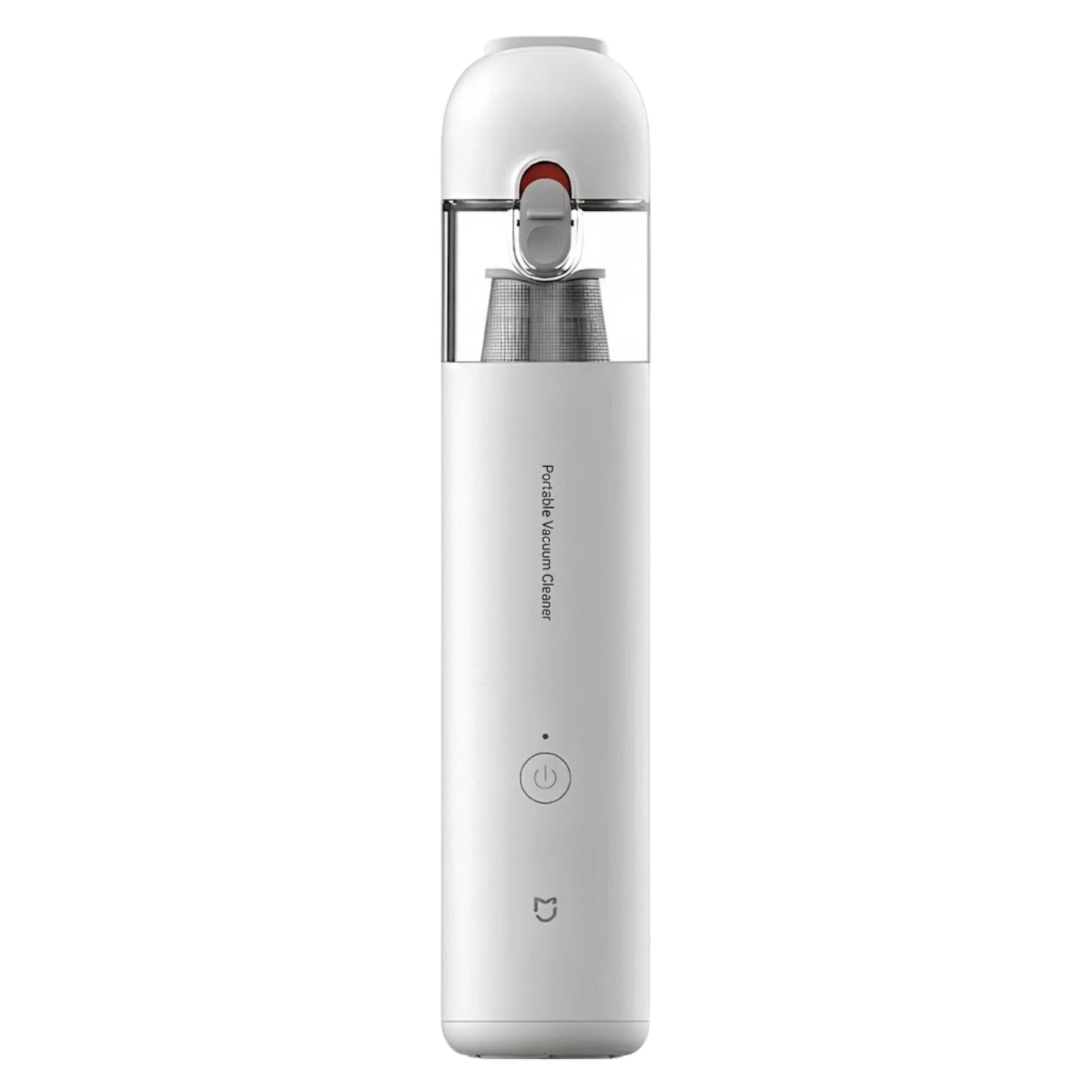 Upright white cordless handheld car vacuum cleaner featuring a single-button interface and a transparent dust receptacle.