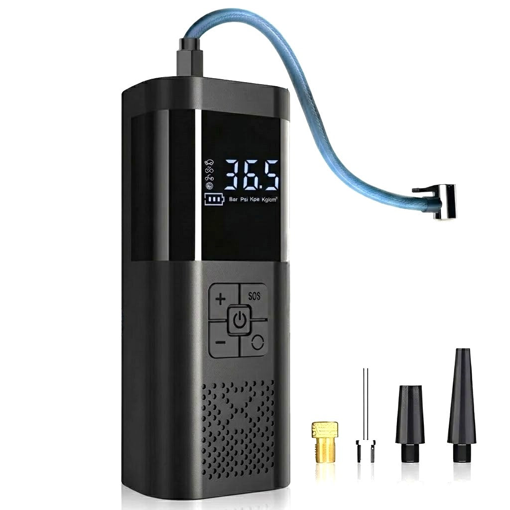 Front view of the black cordless digital tyre inflator showing the digital display, blue air hose, and three brass and plastic nozzle attachments on a solid white background.