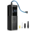 Front view of the black cordless digital tyre inflator showing the digital display, blue air hose, and three brass and plastic nozzle attachments on a solid white background.