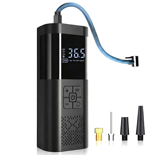 Front view of the black cordless digital tyre inflator showing the digital display, blue air hose, and three brass and plastic nozzle attachments on a solid white background.