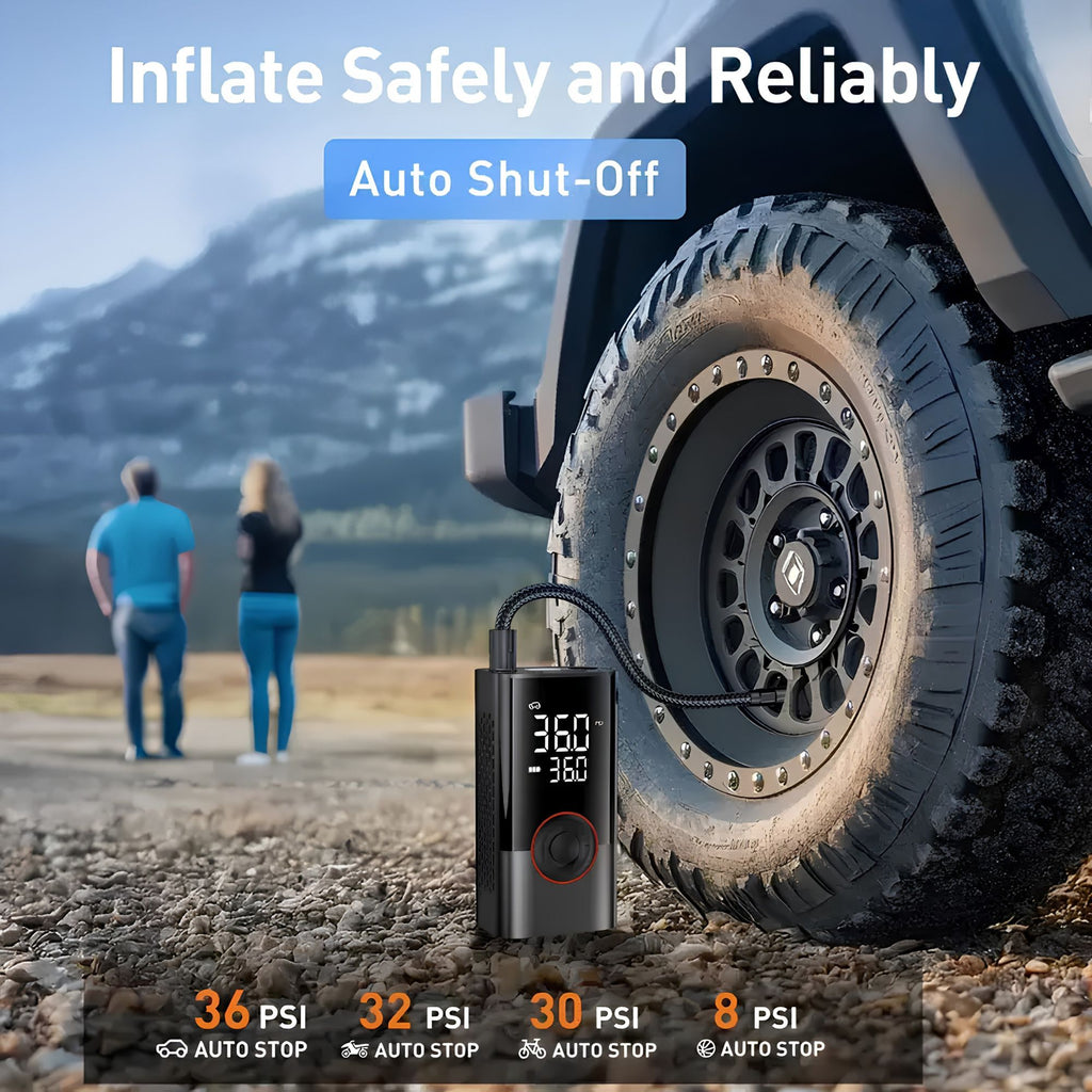 Cordless digital air compressor inflating a vehicle tyre outdoors, demonstrating the automated shut-off system and real-time pressure monitoring.