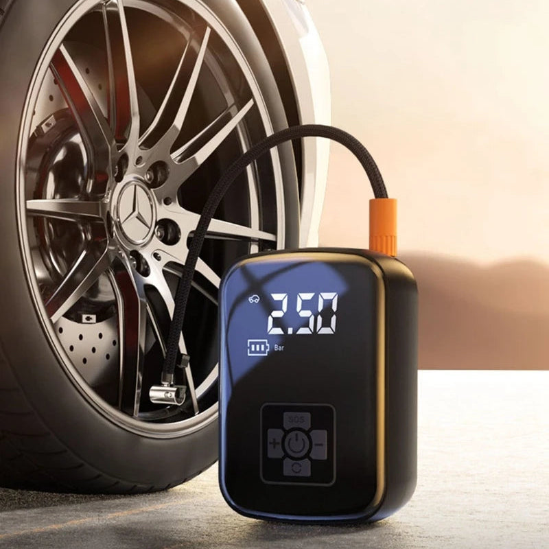 Cordless electric tyre inflator actively connected to a vehicle wheel to top up air pressure.