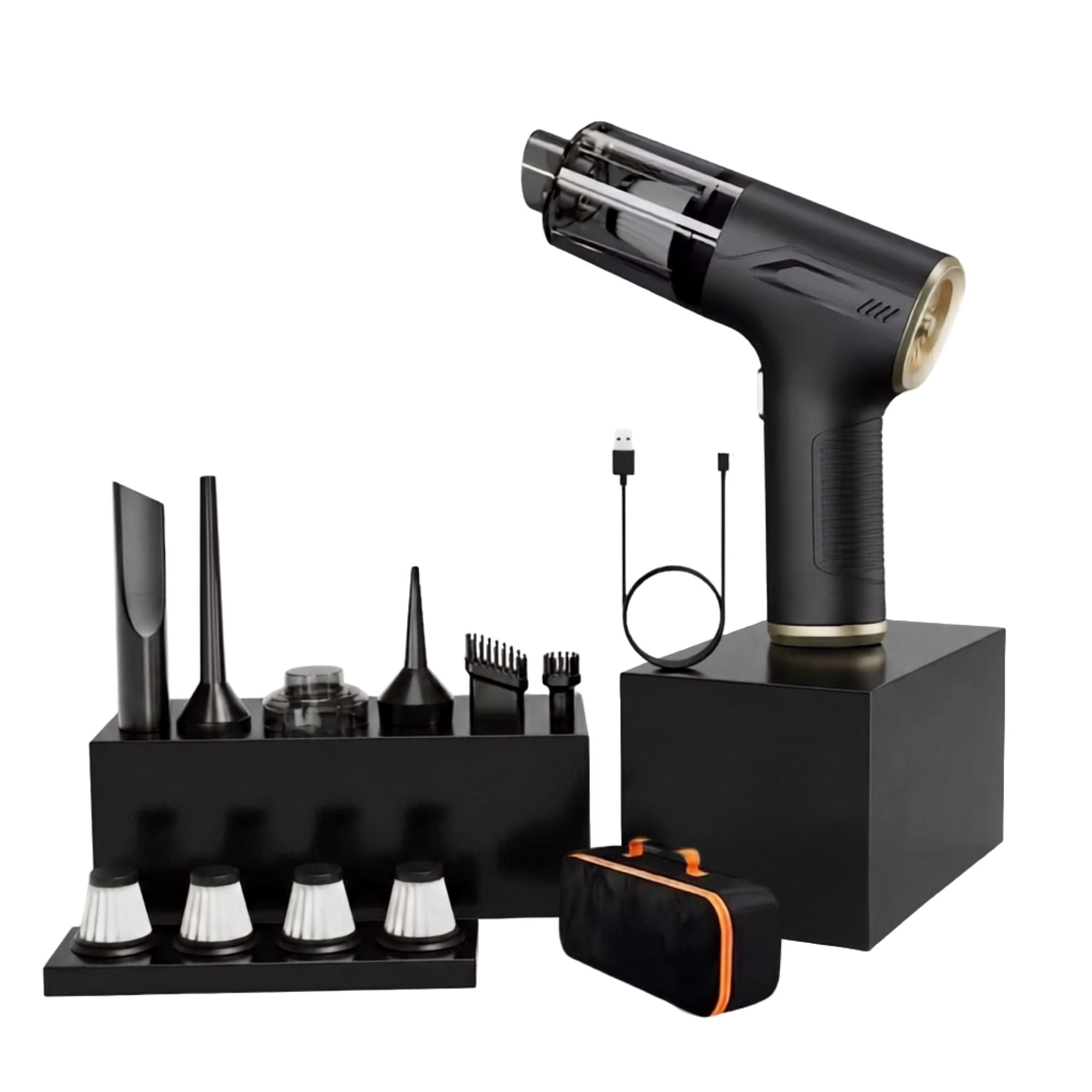 Black handheld hair styler styling tool with gold trim, shown with multiple attachment nozzles in a black stand, a USB charging cable, and a black carrying case with orange accents on a white background.