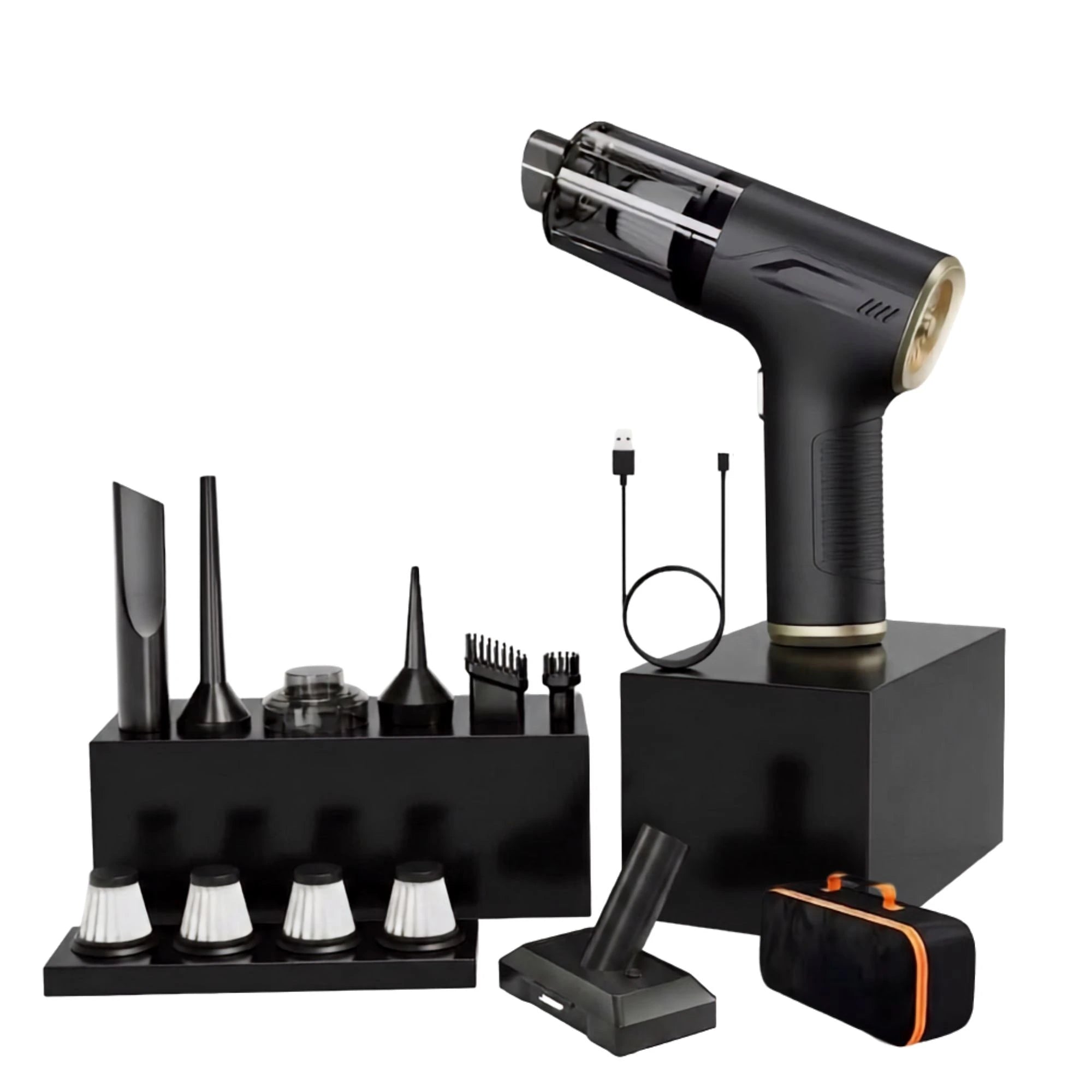 Black handheld hair styler set with multiple attachments, a charging cable, a stand, a floor nozzle, and a small orange-accented carrying case on a white background.
