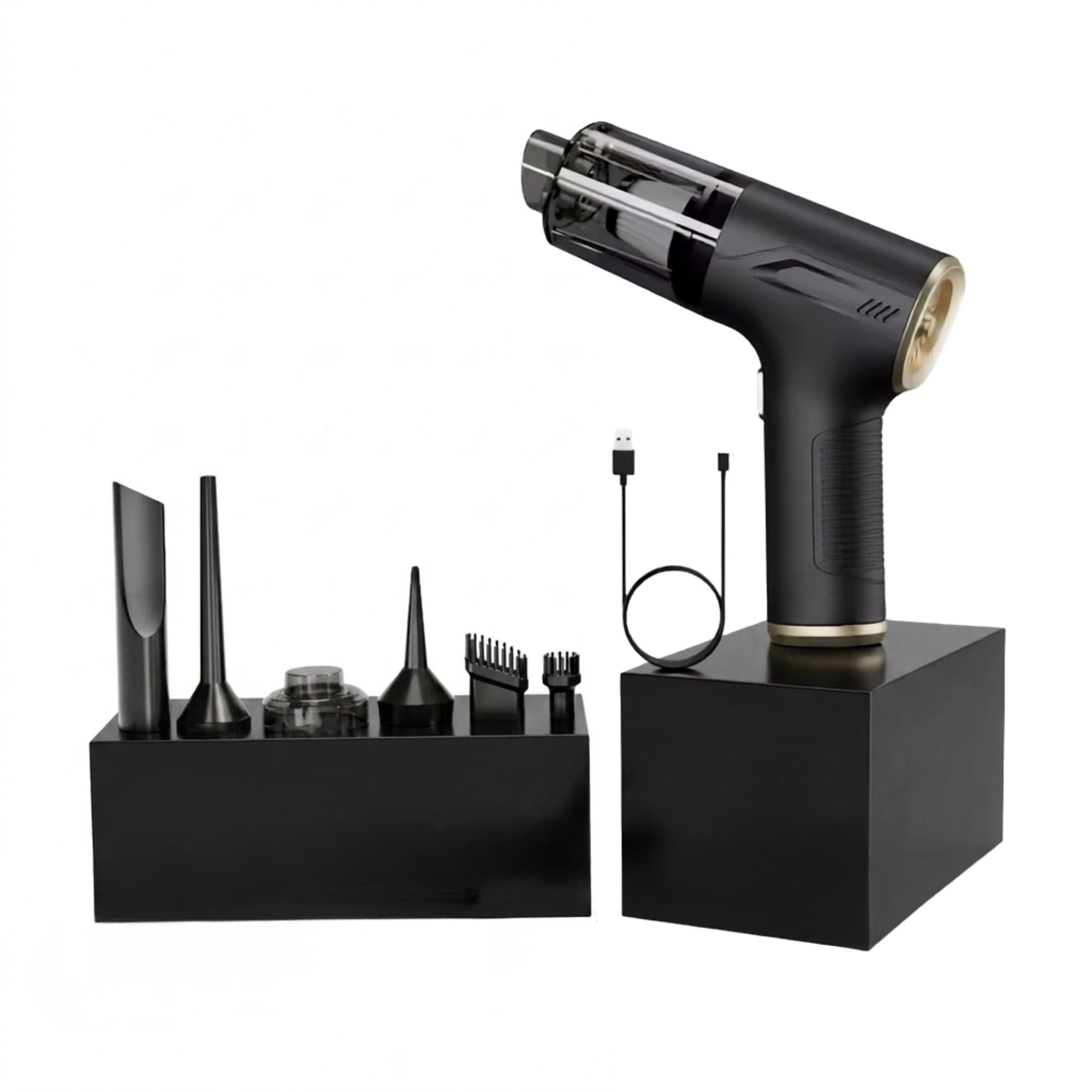Black handheld vacuum cleaner set with multiple attachments, a charging cable, and a black display stand on a white background.