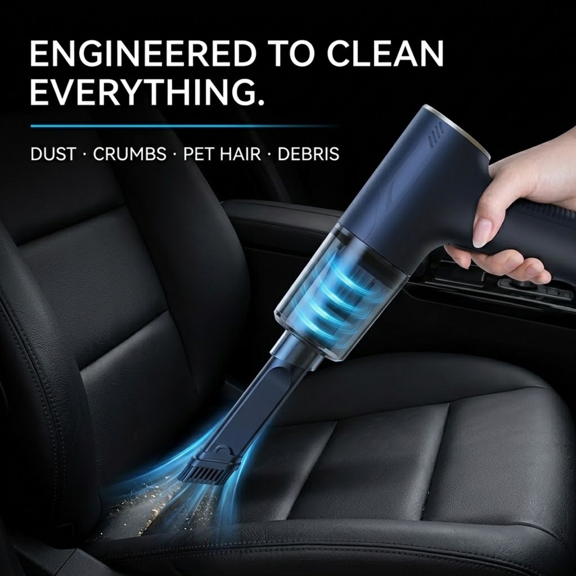 A handheld car vacuum cleaner being used on a black leather car seat, with a hand holding the device. The image includes text that reads 'ENGINEED TO CLEAN EVERYTHING.