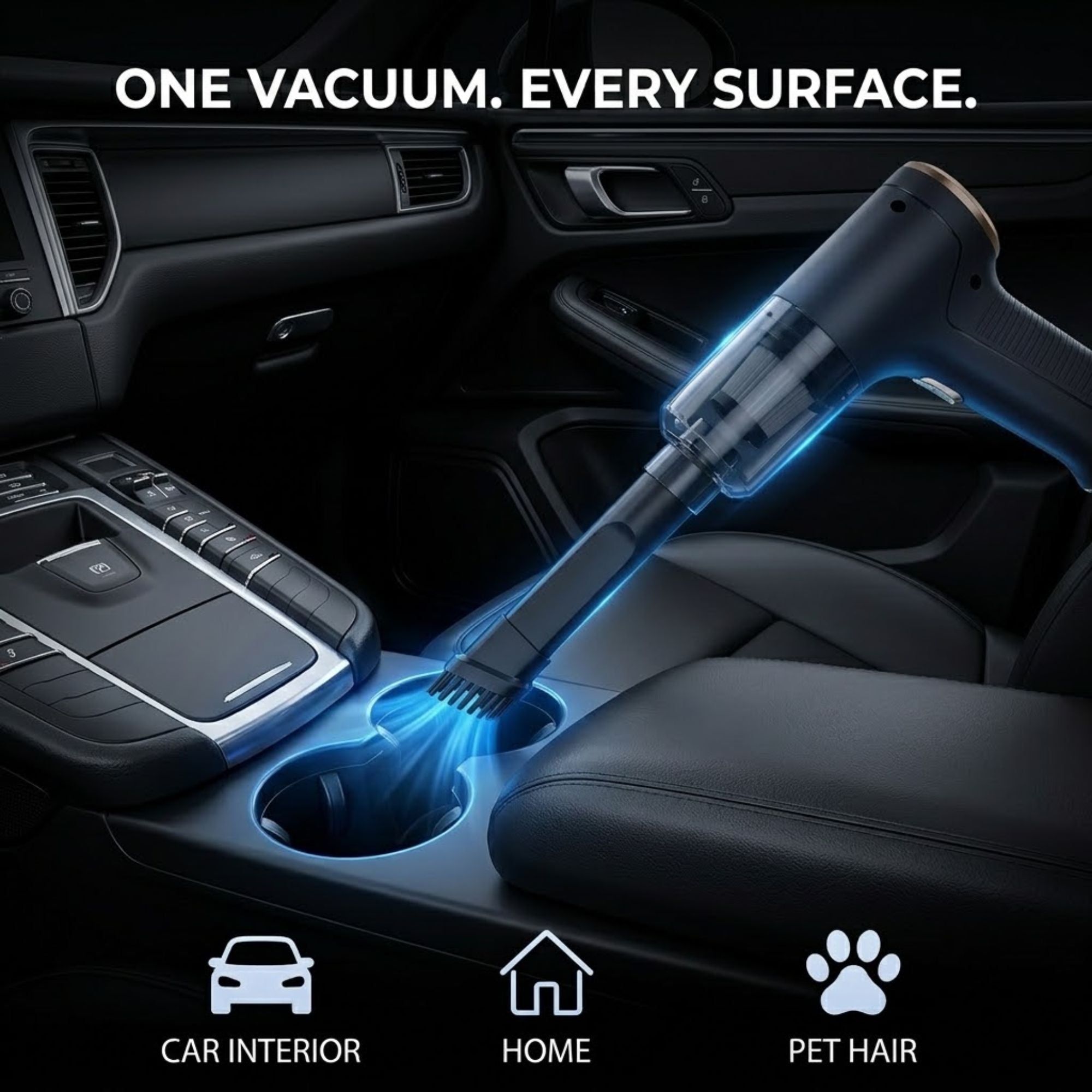 A handheld black pet hair vacuum cleaner shown inside a car interior, cleaning the center console cup holder. The image includes the text 'ONE VACUUM.