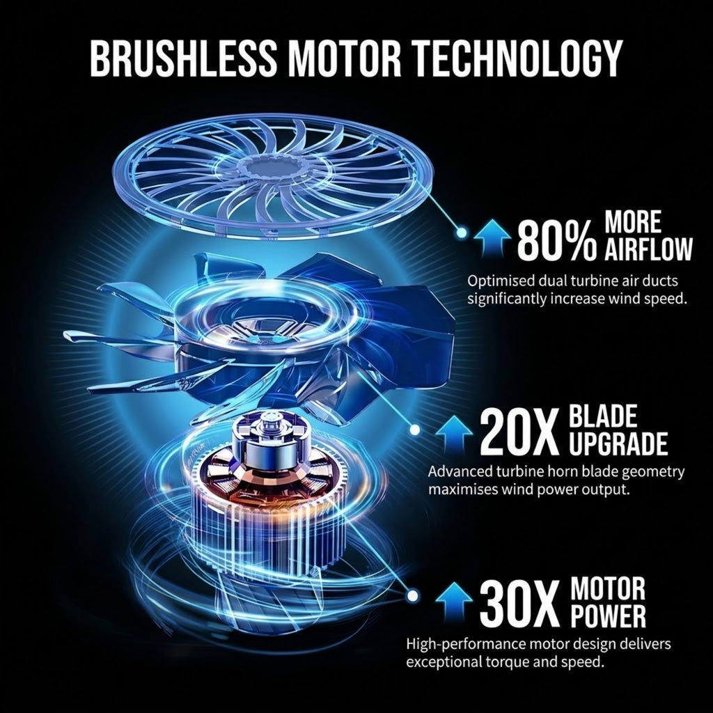 Technical promotional graphic for a wind turbine fan or generator component, showing an exploded view of brushed motor technology with glowing blue fan blades and text calling out 80% more airflow, 20X blade upgrade, and 30X motor power on a black background.