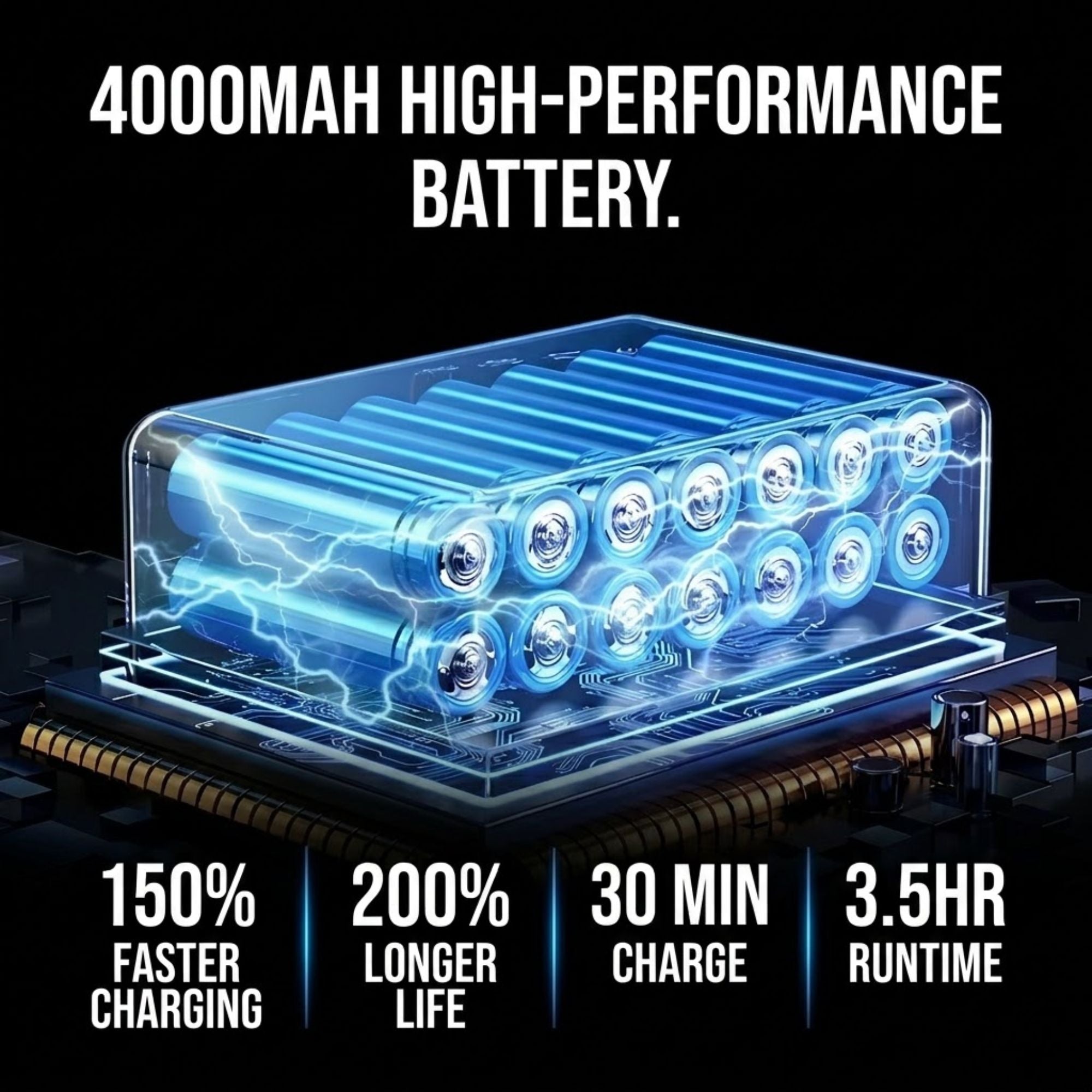 A 4000mAh high-performance battery shown in a glowing blue translucent box on a dark background, with text highlighting 150% faster charging, 200% longer life, 30 min charge, and 3.5 hr runtime.