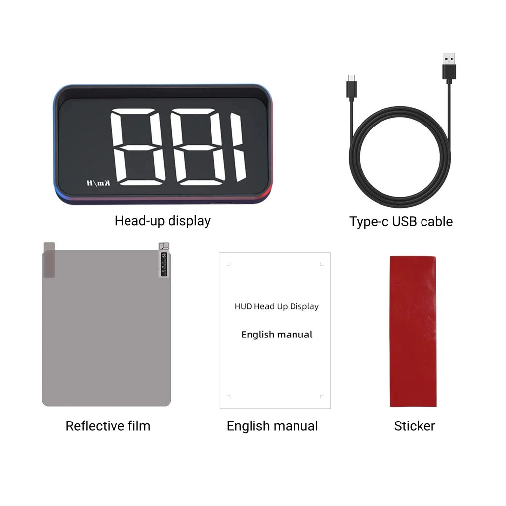 Package contents for the crystal white display variant, including the head-up display unit, USB-C cable, reflective film, mounting sticker, and user manual.