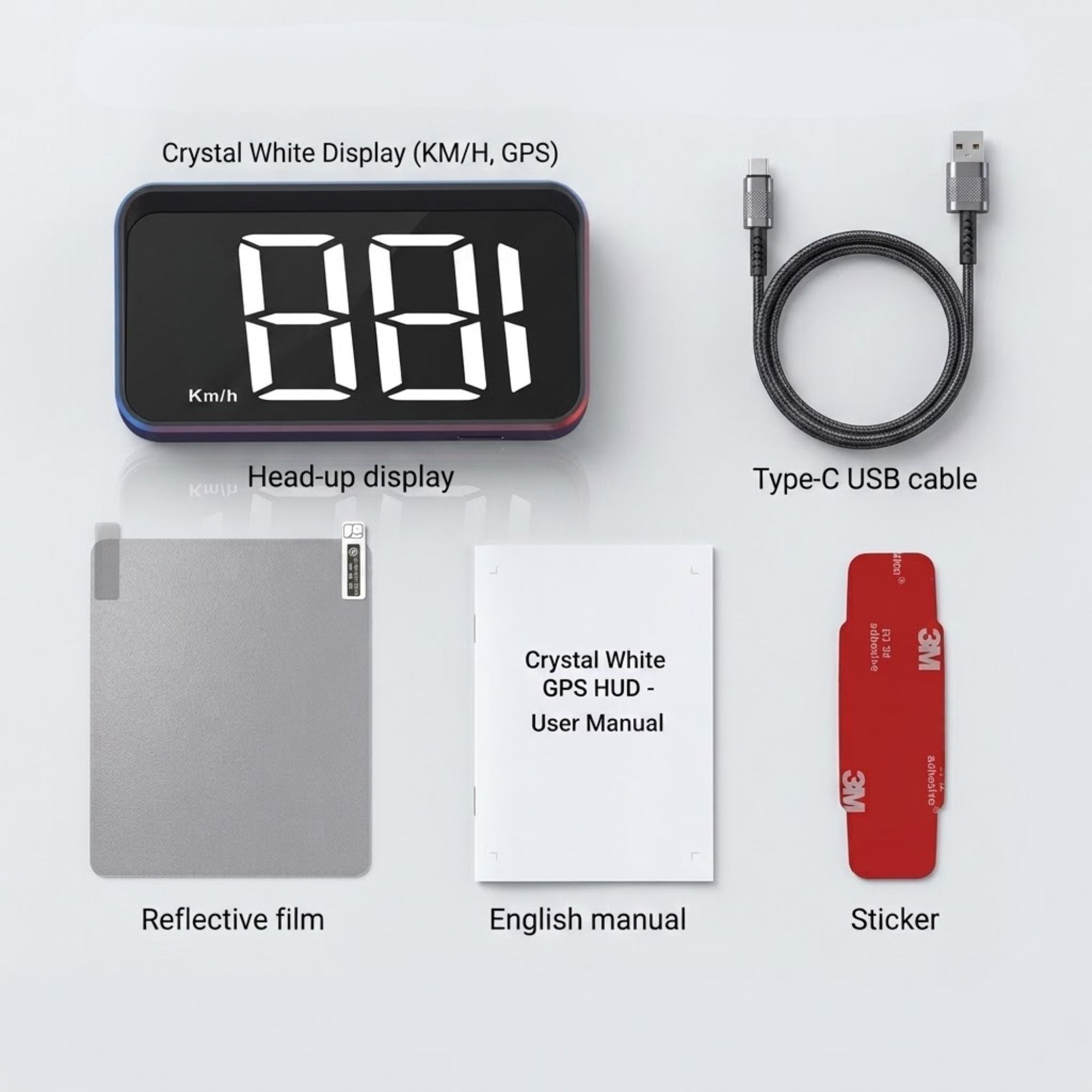 Crystal White GPS HUD head-up display kit with a black digital display screen, a black Type-C USB cable, a reflective film, an English user manual, and a red adhesive sticker, arranged on a light gray background.