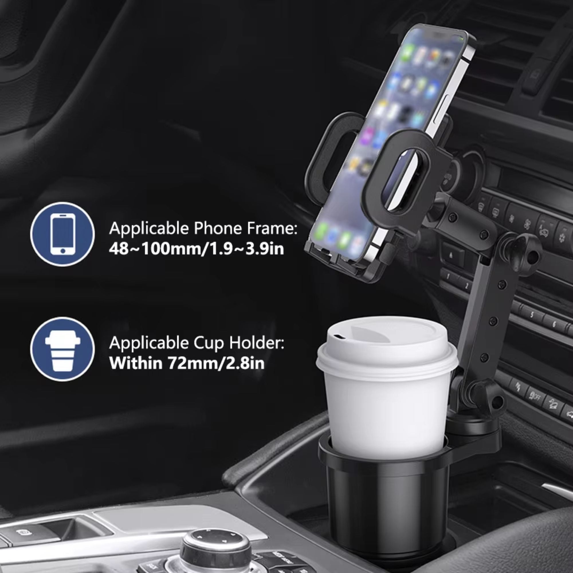 Size compatibility guide for the car cup holder phone mount, showing support for smartphones between 48 to 100 millimetres wide and cups up to 72 millimetres wide.