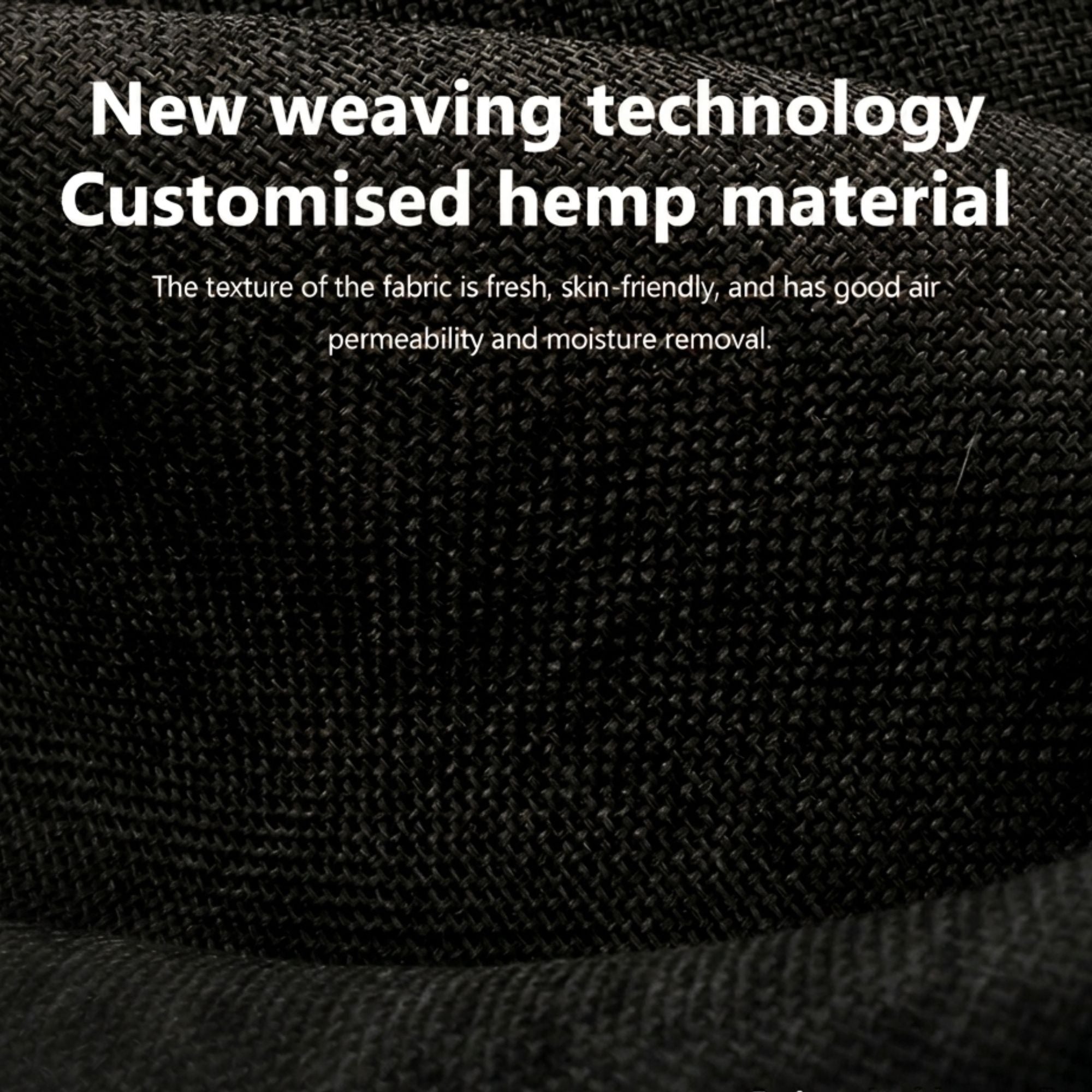 Close-up texture of woven linen and hemp fabric used in a breathable vehicle seat protector.