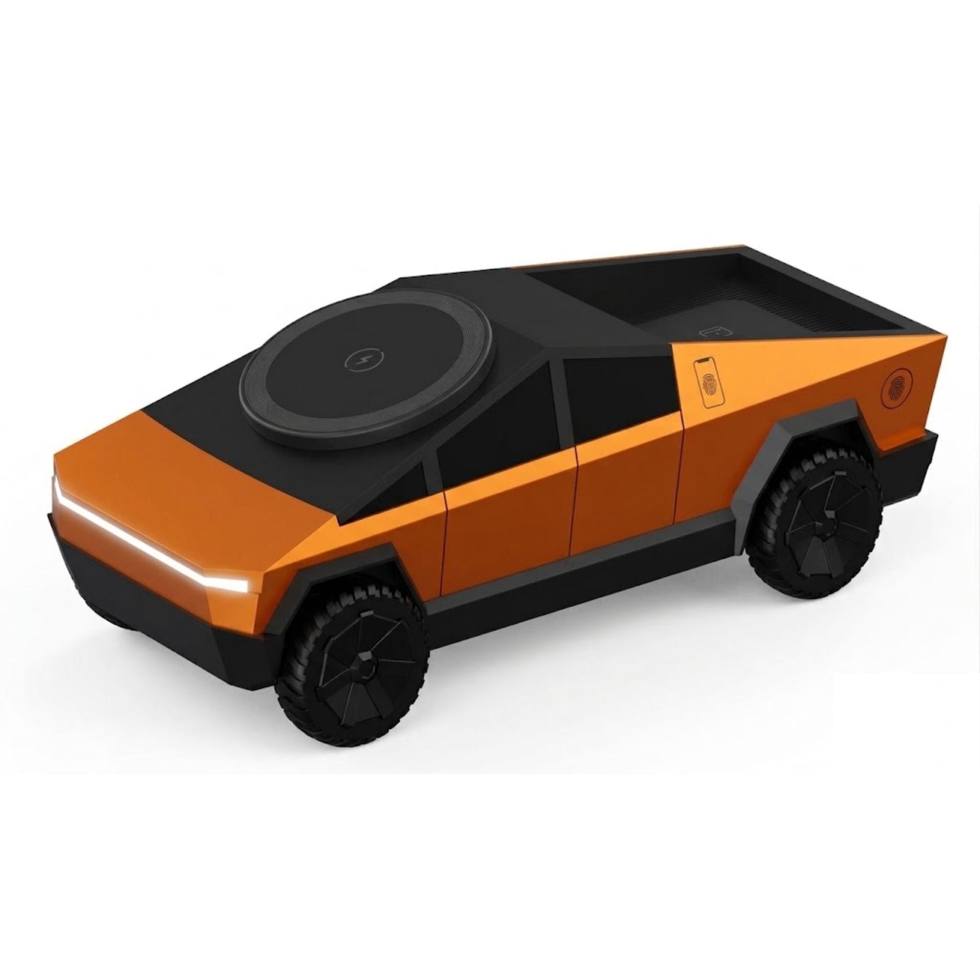 Magnetic Wireless Car Charger in a Cybertruck-inspired orange design on a white background