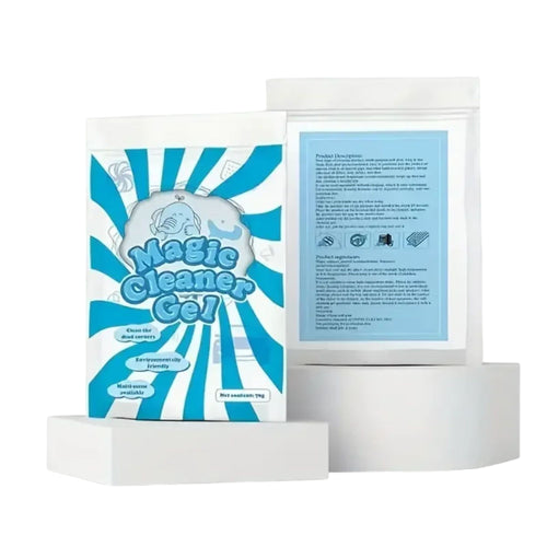 A 70g pouch of blue deep-cleaning car interior detailing gel and reusable dust remover displayed on white pedestals against a white background.