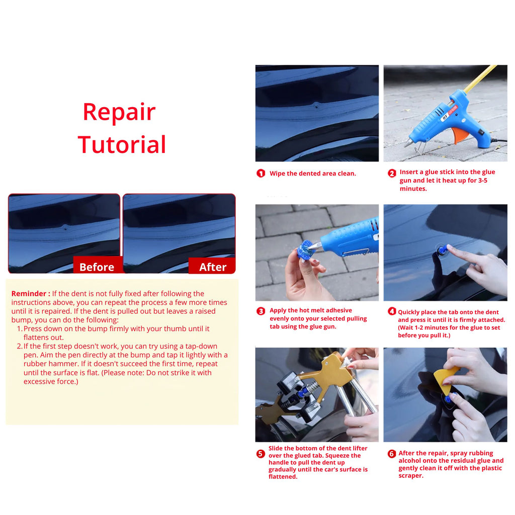 Step-by-step repair tutorial for the Paintless Dent Repair Kit illustrating glue tab application and suction cup dent puller technique.