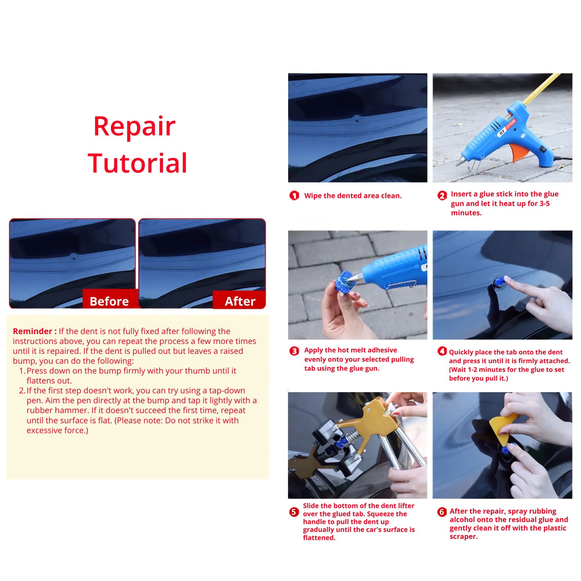 Step-by-step repair tutorial for the Paintless Dent Repair Kit illustrating glue tab application and suction cup dent puller technique.