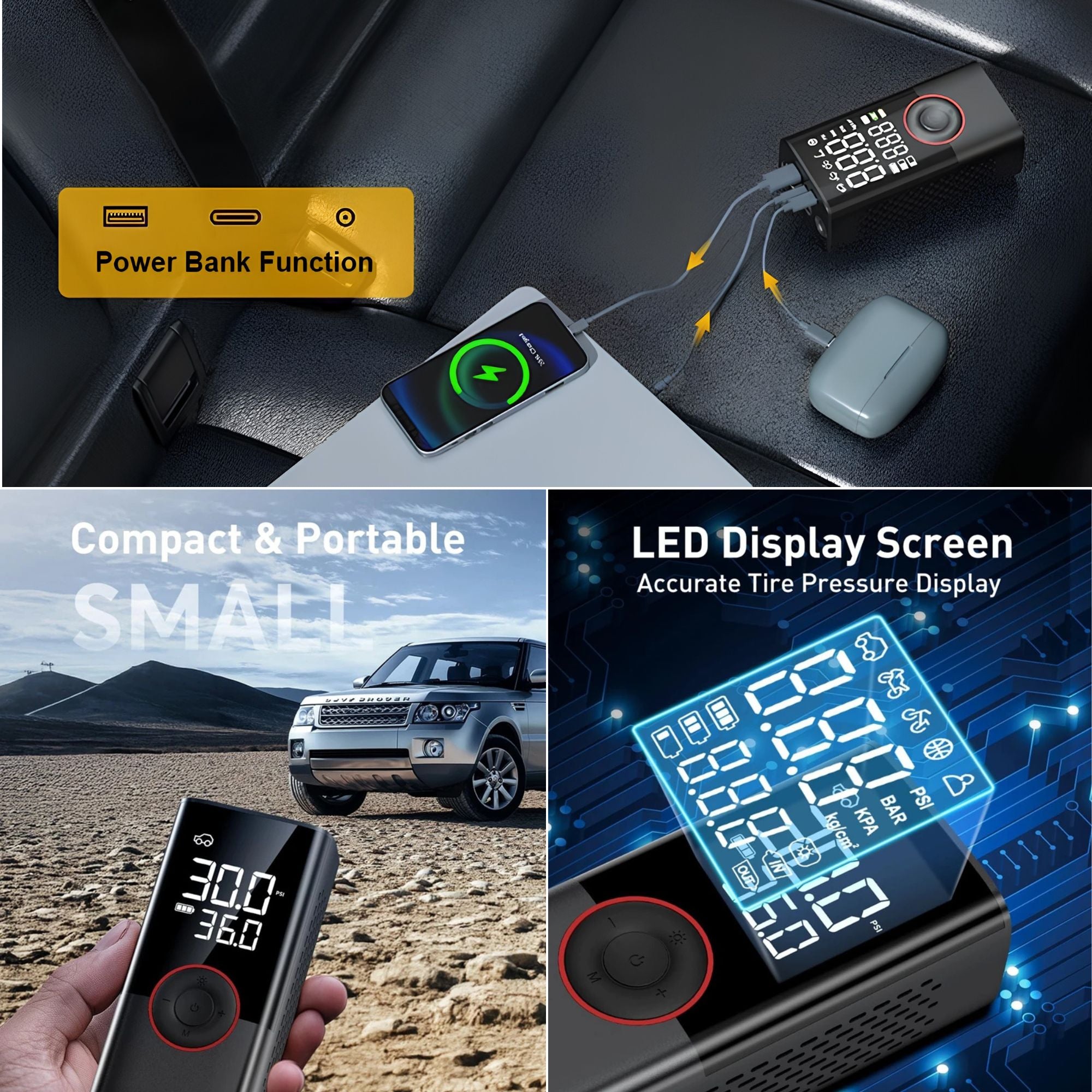 Step-by-step visual guide for operating the digital tyre inflator, highlighting the dual LED display interface and preset pressure controls.