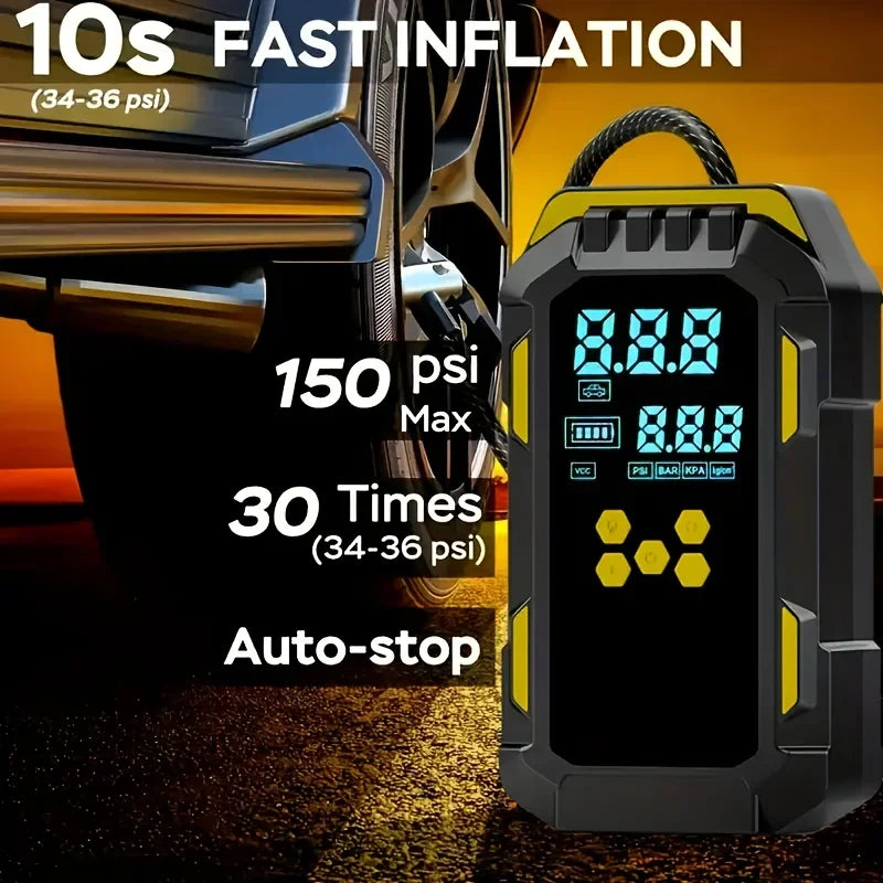 Close-up of the portable tyre inflator's digital display showing pressure metrics, battery level, and auto-stop functionality.