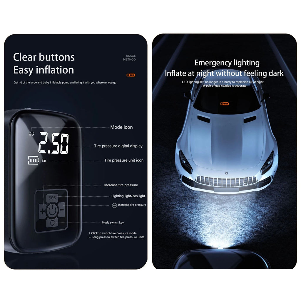 Split view demonstrating the illuminated digital pressure gauge interface and the integrated LED emergency light assisting with night-time roadside tyre inflation.