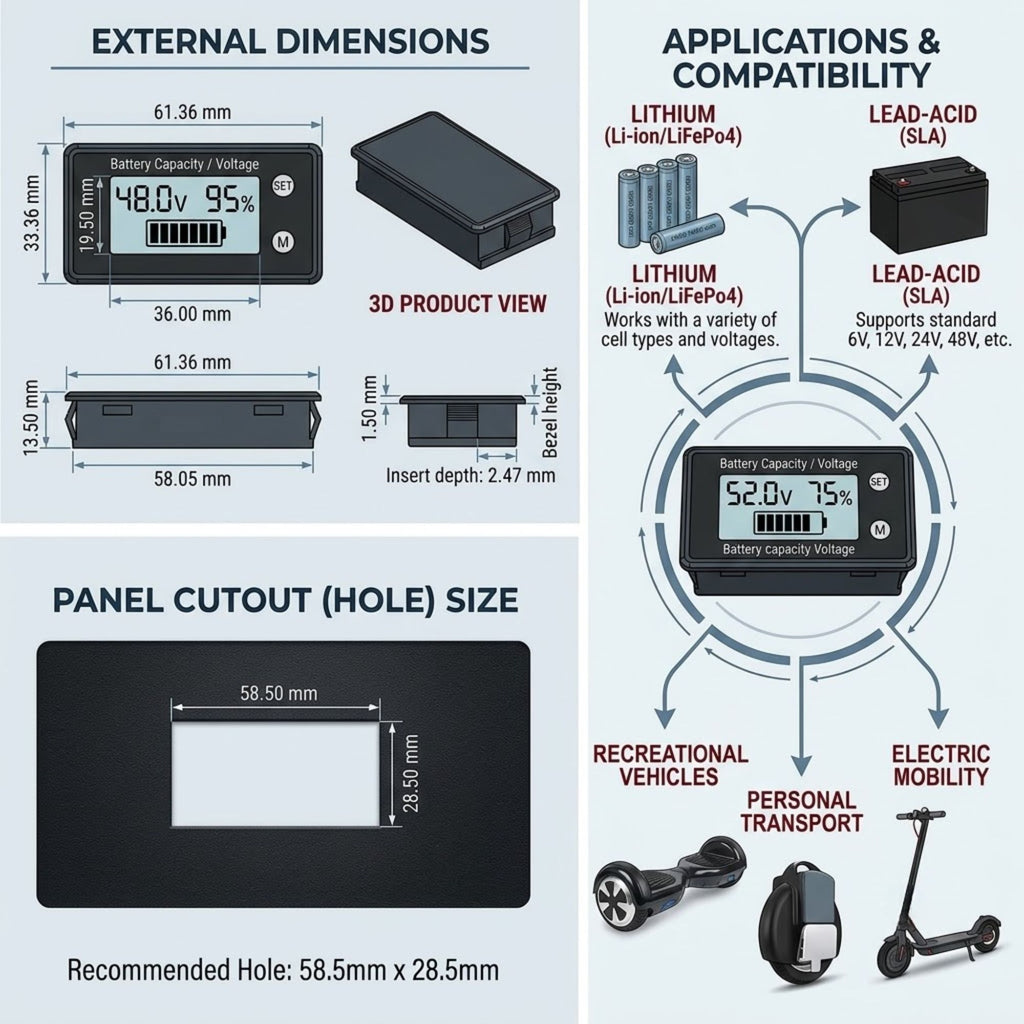 An infographic detailing the dimensions, cutout size, and compatibility of a battery monitoring device. The left side shows external dimensions (61.