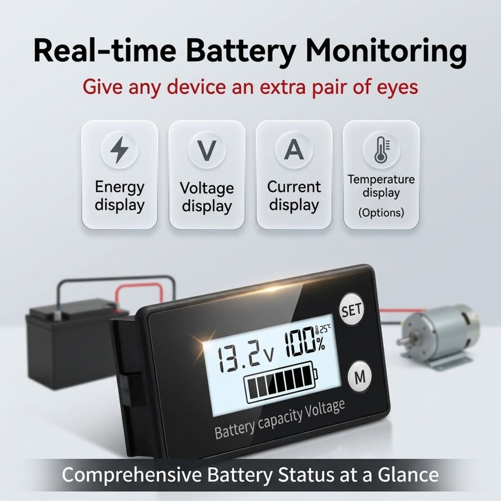 A digital battery monitoring device with a black faceplate and LCD display, shown connected to a battery and a small motor. The image includes marketing text highlighting real-time battery monitoring features such as energy display, voltage display, current display, and temperature display.