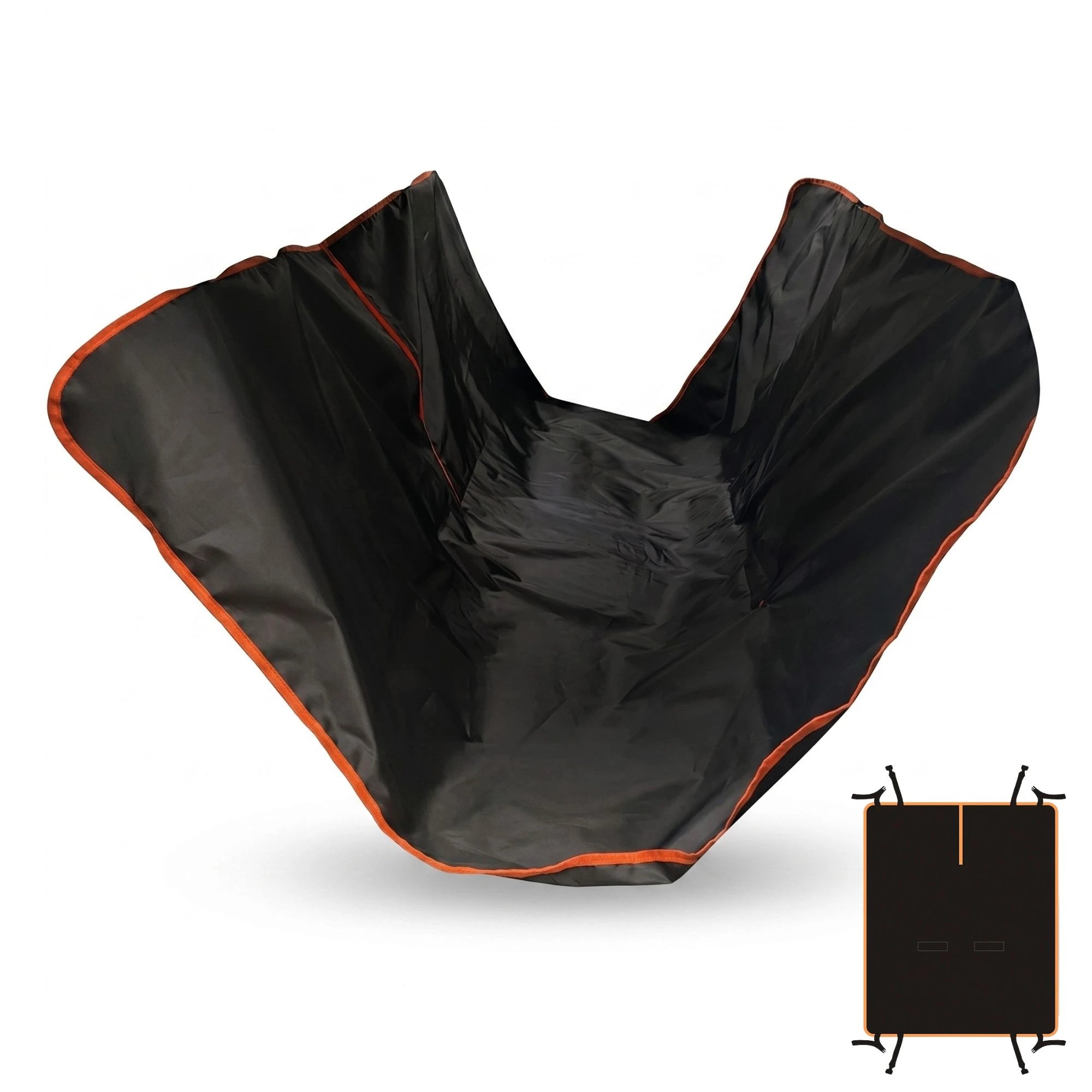 Black heavy-duty dog backseat hammock and pet seat protector with orange trim on a white background.