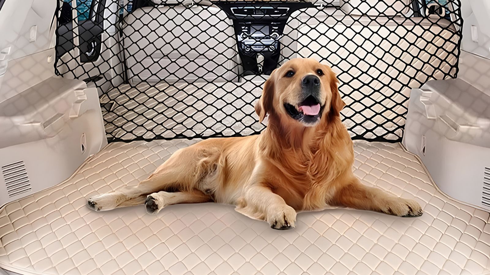 Dog sitting in a car with a cargo net and pet seat cover.