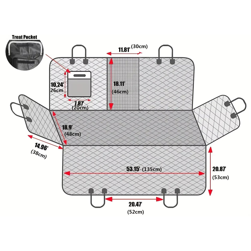 Dimensions guide for the dog car backseat cover showing specific measurements for the main base, side flaps, backrest, and front mesh window sections.